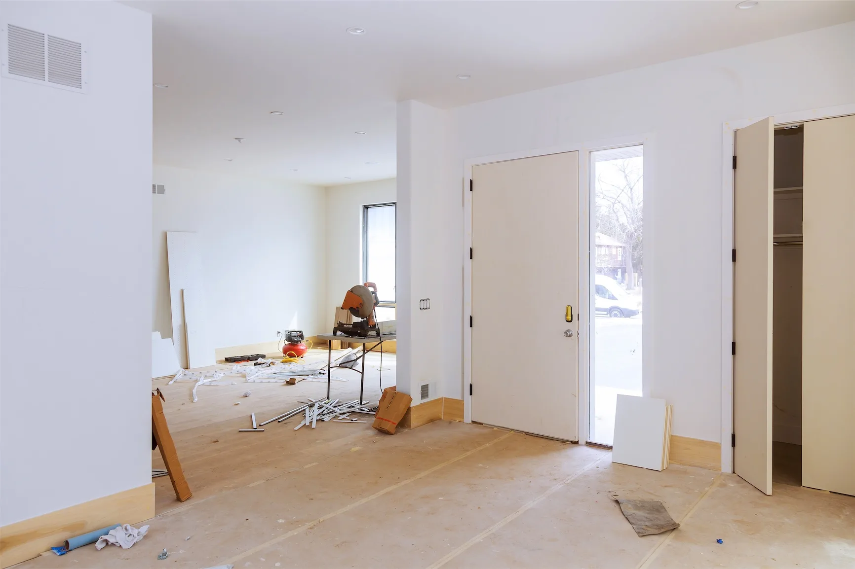 Drywall up and subfloor exposed partway through a remodel